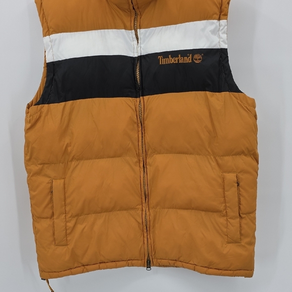 Timberland Men's Puffer Vest in Orange with Black and White Stripes Size XL - Picture 3 of 9